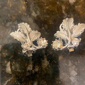 Silver Leaf Crystal Earrings clip on